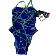 Speedo endurance Flyback One Piece Swimsuit Blue Green pattern Size 22 NEW racin