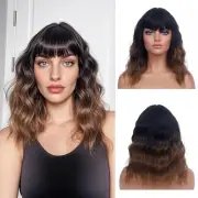 Short Wavy Wig with Bangs for Women Shoulder Length Wig Natural Black to Brow...