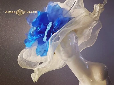 Kentucky Derby Hat White Cream Vivid Blue Big Giant Rose Royal Ascot Women's Hat
