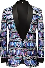 [HEYDHSDC] Mens Shining Striped Sequin Party Blazer Jacket Shawl Collar One Button Suit Wedding Party Prom Tuxedo Blazer