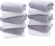 [TENSTARS] 12 Pack Premium Washcloths Set - Quick Drying- Soft Microfiber Coral Velvet Highly Absorbent Wash Clothes - Multipurpose Use as Bath, Spa, Facial, Fingertip Towel (Grey and White)