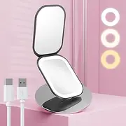 Benbilry Lighted Compact Travel Mirror with 3 Color Lights, 1X/3X Magnifying Ultra Slim Rechargeable Pocket Mirror for Purse, 2-Sided, Handheld, Folding, Portable, Black