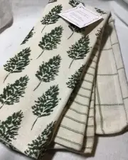 TIDINGS + TRADITIONS KITCHEN TOWELS (3)TAN GREEN TREES STRIPES CHECK 18 X 2 NWT