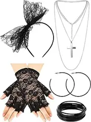 80s Fancy Dress Costume Accessories Lace Headband Earrings Fishnet Gloves Necklace Bracelet for 80s Retro Party - Multicoloured - 5 Pieces