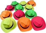 Novelty Place Neon Plastic Party Hats, Fedora with Gangster Mafia Style, UV Blacklight Glow Party Stars Rave Hats for Kids and Teens in Birthday, Concerts, Music Party (Pack of 12)