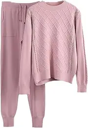 [UIOKLMJH] Women Knitted Two Piece Tracksuits Autumn Diamond Loose Sweater and Full Length Harem Pants 2 Piece Set Outfit