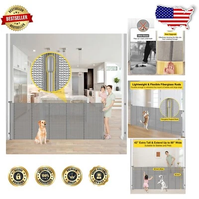 Reinforced 42" Extra Tall x 80" Wide Retractable Baby Gate for Big Openings