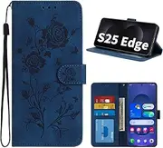 [Noaivoky] for Samsung S25 Edge Case with Card Holder, Shockproof S25edge Cases PU Leather S25 Edge Cover Flip Folio Case with [3 Card Holder + 1 Cash Slot] for Women Galaxy S25 Edge Case - Blue