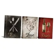 3 Piece Canvas Wall Art Set 'Eat, Drink, Love' Inspirational Quote Prints for