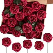 UKKQES Artificial Flowers 25pcs Real Looking Wine Red Foam Fake Roses with Stems for DIY Wedding Bouquets Bridal Shower Centerpieces Floral Arrangements Party Tables Home Decorations
