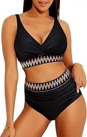[newhsy] Women's High Waisted Bikini Set, Two Piece Tummy Control Swimwear Push Up Bikinis, Color Block Swimming Costume for Beach Pool Swimsuit Party, Black, L