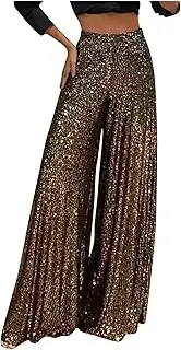 [Generic] Fashion Sequins Flared Pants for Women Sparkly Elegant High Waist 2025 Pleated Pants Cocktail Wide Straight Leg Pants
