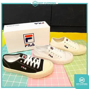 FILA 白黑 米色 韓風 餅乾鞋 鞋頭 壓紋 刺繡 小LOGO 休閒 帆布鞋 小白鞋