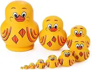10 Pcs Wooden Yellow Duck Handmade Russian Nesting Dolls Toys, Cute Lovely Animal Matryoshka Stacking Dolls Home Decor, Educational Learning Toys for Kids Adults