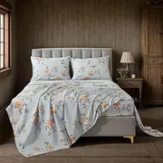 [Lemfux] Queen Sheet Set 4 Pieces Cotton Floral Pattern Vintage Deep Pocket17.5, Garden Style Soft Bed Sheet, Farmhouse Bedding Set 1 Flat Sheet 102"x98", 1 Fitted Sheet 60"x80", 2 Pillowcases 20"x29"