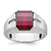 14k White Gold Men's Created Garnet and 1/10 carat Diamond Complete Ring