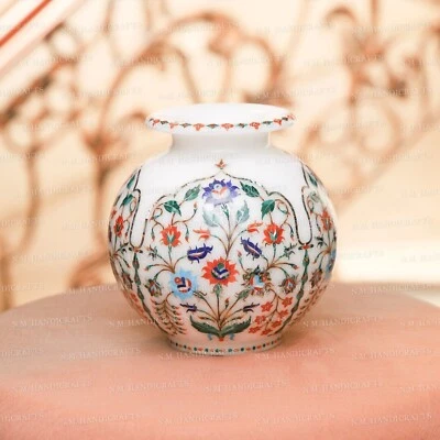 10" Marble Vase Pot, Floral Gemstone Inlay, Vase Pot, Decor art & collectibles