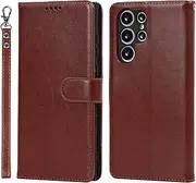 [Cavor] for Samsung Galaxy S22 Ultra Wallet Case for Women Flip Kickstand PU Leather Case with Card Holder Wristlet Hand Strap Stand Protective Cover for Galaxy S22 Ultra 5G Phone Cases-Brown