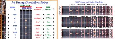 A6 CHORD & SLIDE RULE CHARTS FOR 6 SIX STRING LAP STEEL GUITAR - 2 LAMINATIONS