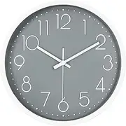 30cm/12in Non-Ticking Wall Clock, Silent Battery Operated Wall Clock with ABS Frame HD Glass Cover for Kids Living Room Bedroom Kitchen School Office Decor (Grey)