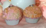Set 2 Handmade Whimsical Shabby Pastel Sherbert Cupcakes Orange Pink Ornaments