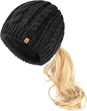 [TOP-EX] Merino Wool Blend Messy Bun High Ponytail Hole Fleece Lined Beanie Winter Hat for Women with Large Head, Black (Pony), Medium-Large
