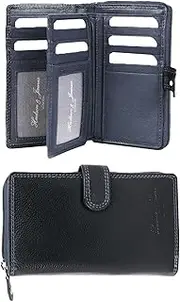 [Hudson & James] Ladies RFID Safe Designer Real Leather Purse Card Women Wallet Zip Coin Pocket Boxed, Navy Blue, M, Minimalist