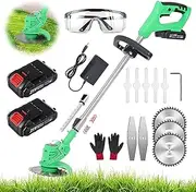 Brushcutter Cordless Grass Trimmer with 21V Lithium Battery and Charger, Electric Lawn Mower, Telescopic Handle, Light Lawn Scythe, Battery Pruner for Trimming Garden Lawn Bushes,Green
