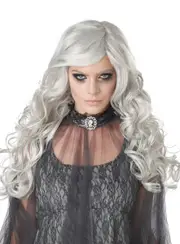 Long Silver Grey Curly Womens Halloween Costume Wig