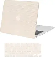 MOSISO Compatible with MacBook Air 13 inch Case 2022-2018 Release A2337 M1 A2179 A1932 Touch ID, Anti-Fingerprint Square Grid PU Leather Coated Plastic Hard Shell Case & Keyboard Cover, Beige