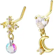[Niaspi] 2Pcs 20G CZ Heart Cross Dangle Nose Rings for Women 316L Surgical Steel L-Shaped Nose Rings Studs Screw Dangling Nose Nostril Piercing Jewelry