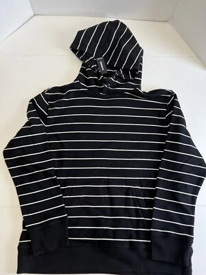 EXPRESS Mens Striped Fleece Pullover Hoodie Black Fashion Sweatshirt L*