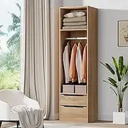 ALFORDSON Wardrobe Cabinet with 2 Sliding Drawers, Hanging Rod and Open Shelf Wood Color, Wooden Closet 50.5X 40x 185 cm, Dresser Clothing Organizer Clothes Storage Cupboard for Bedroom Living Room