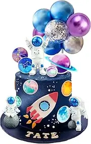 24pcs Space Cake Topper balloon Cake Topper Planet Cake Topper with Astronauts Purple Blue Sliver Balloons for Kids Outer Space Theme Decoration Boys Girls Baby Shower Galaxy Birthday Party Supplies