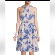 Bcbgmaxazria Beige Tropical Leaf Print V-neck Mini Dress Size S NWT (b19)