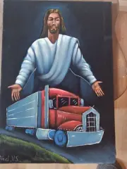 Tijuana Black Velvet Painting of Trucker Jesus by VS Abel.