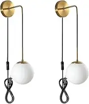 Frosted White Glass Wall Sconce Set of Two Brass Gold Globe Ball Wall Light Adjustable Cord Industrial Vanity Wall Lamp for Bathroom Mirror Bedside Stairs (White)