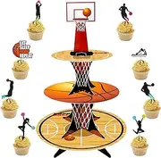 Basketball Party Decorations Cupcake Stand with 24pcs Basketball Cupcake Toppers for Kids Boys Basketball Sports Game Themed Birthday Party Supplies Basketball 3 Tier Cupcake Tower