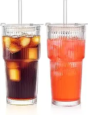 ALINK 20 oz Ribbed Glass Tumblers with Lids and Straws – 2 Pack Glassware Cups Set, Thickened Glass, Ideal for Iced Coffee, Smoothies, Cocktails,Juices