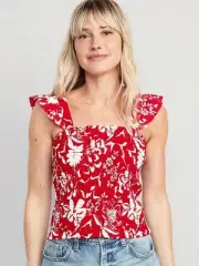 Old Navy Red Floral Smocked Flutter Sleeve Tank Top Women’s Size Large