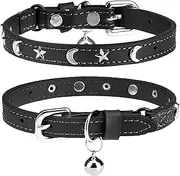Cat Collars for Cats with Bell and Safety Elastic Belt, Personalized and Moon Stud Adjustable Safe Buckle Collar for Kitty (Black, M)