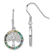 Sterling Silver Rhodium-Plated Abalone Circle W/ Tree Dangle Earrings