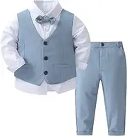 [Lejafay] Toddler Baby Boys 4PCS Formal Suit Long Sleeve Dress Shirt with Bow Tie + Tuxedo Vest + Pants Set