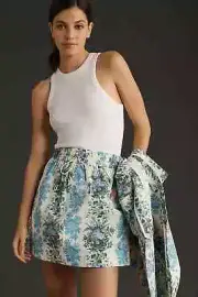 Clare V Theo Floral Skirt Anthropologie Cotton Blue Mini Pullon Tie Size M NEW