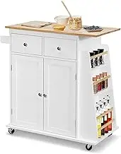 Giantex Kitchen Island with Storage on Wheels, Dining Room Rolling Trolley Cart w/Rubber Wood Countertop, Adjustable Shelf, 2 Drawers, Spice Rack, Towel Rack, 2-Door Cabinet, Lockable Casters
