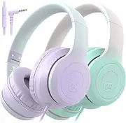 rockpapa L22 Wired Headphones for Kids Girls Boys Women with Microphone, Foldable Stereo 3.5mm Corded Headphones for School Classroom Chromebooks Computer Laptop Phone Airplane (Purple+Teal)