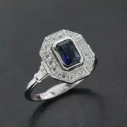 Art Deco Style Emerald Cut Sapphire Lab Created Diamond 14K White Gold FN RIng