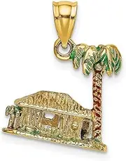 [JewelryWeb] 14ct Gold 3 d Palm Tree and Hut With Enamel Charm Pendant Necklace 15.8x15.8mm Wide 9.7mm Thick