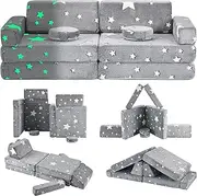 Mmucco Kids Play Couch, 10Pcs Toddler Couch, Kids Sofa Couch, Play Couch Sofa Playroom Bedroom,Modular Kids Couch for Playing, Creativing, Sleeping (Grey Stars)