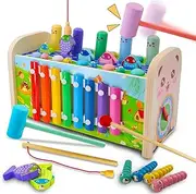 Wooden Activity Cube,Early Development Toys for Fine Motor Skills,Sensory Toys for Toddlers with Hammering Pounding Toys & Xylophone & Fishing Game,Montessori Toys for 1 2 3 4 Year Old Girls Boys